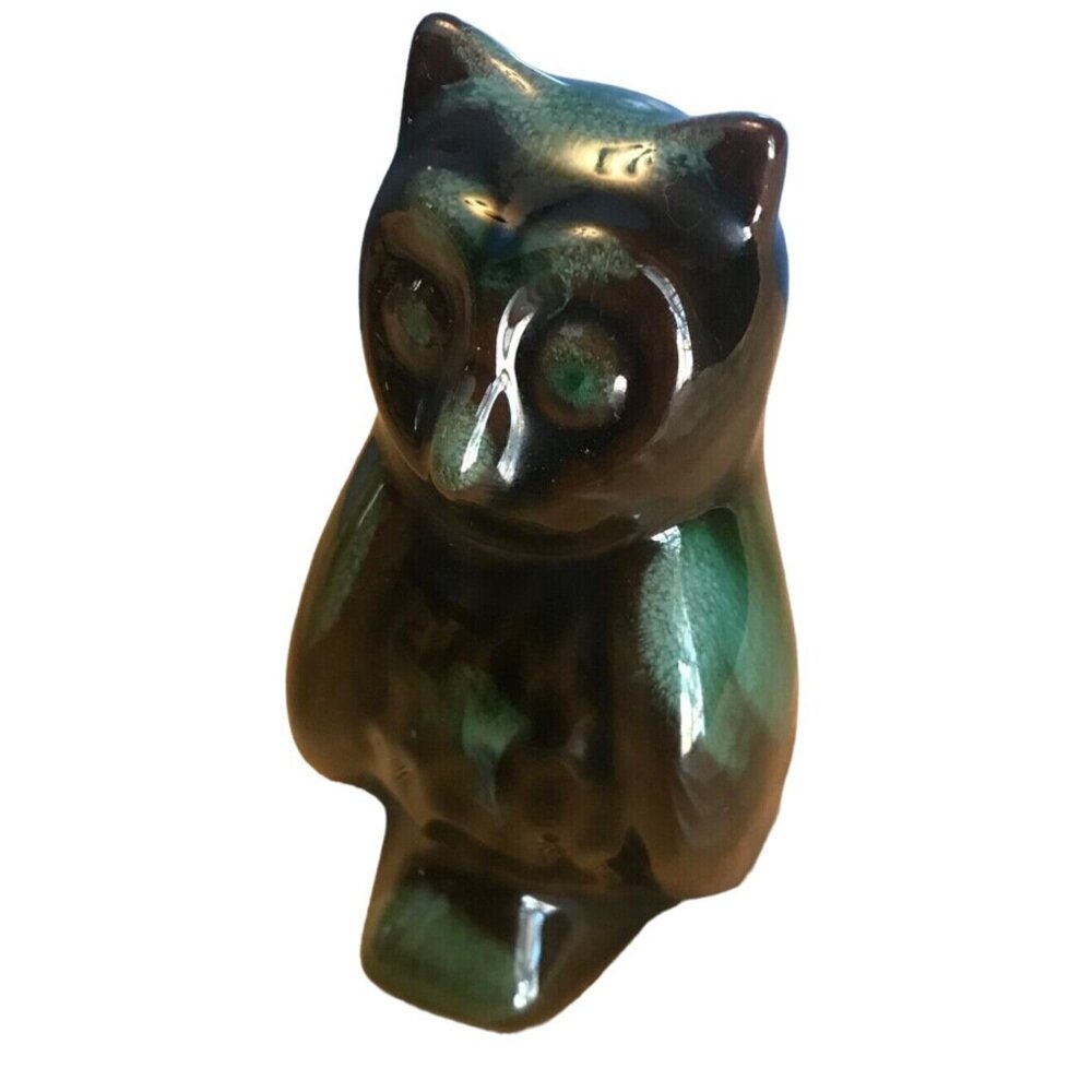 Blue Mountain Pottery Owl Figure BMP Green Drip Glaze Minature MCM 3.5 X 2" Vtg